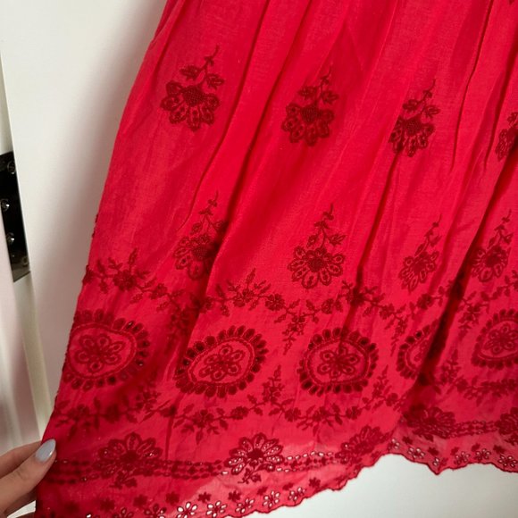 Sea New York Embroidered Midi Dress SZ 2 Red Eyelet Detail Flutter Sleeve - Picture 6 of 11